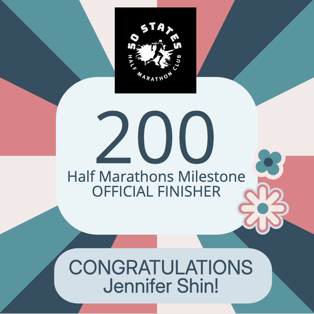 FiftyStatesHALF's tweet photo. Jennifer Shin Finishes the 200 Half Marathons Milestone - From Princeton, New Jersey

Congratulations to 50 States Half Marathon Club™ member, Jennifer Shin from Princeton, New Jersey, for competing the 200 half marathons milestone, in September 2026!  Jennifer finished 100 half marathons in 2019, and continued on in 2020 to work toward 200, finishing up in just under six years.  Jennifer is a long time Life Membership member of our 50 states running club, and has been with us for twelve years. 

#200halfmarathons #halfmarathon #halfmarathons #running #200halfmarathonsfinisher #goals #fitnessgoals #runninggoals #50stateshalfmarathonclub #50statesrunningclub #travel #traveling