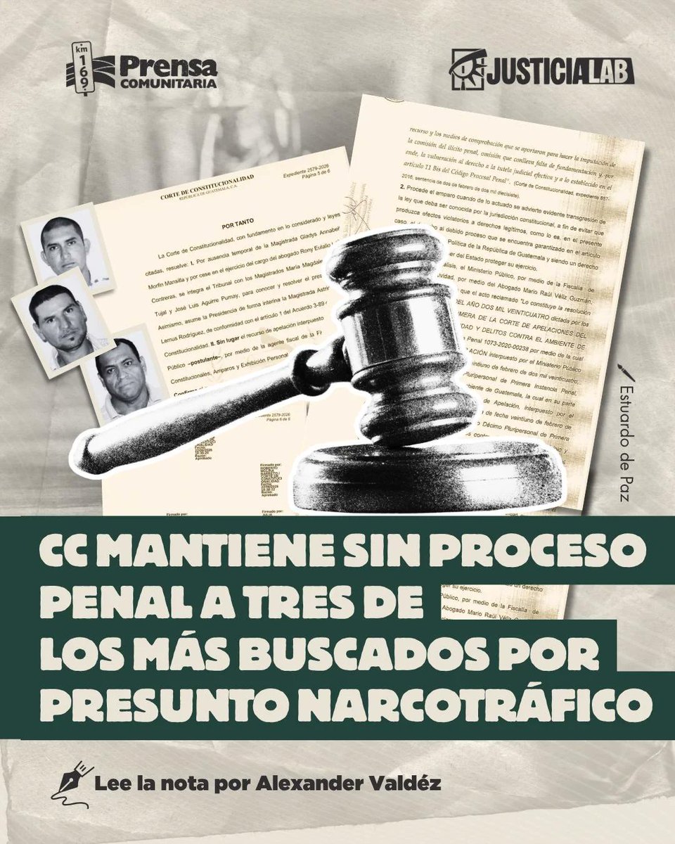 PrensaComunitar's tweet photo. Tres personas fueron señaladas de supuestos vínculos con el narcotráfico y la CC los protegió 

 La máxima Corte mantuvo vigente la resolución del juez Víctor Cruz, quien falló a su favor y resolvió no ligarlas a proceso, pese a los indicios presentados por el MP. #JusticiaLab

https://t.co/kXL3oiqMzF