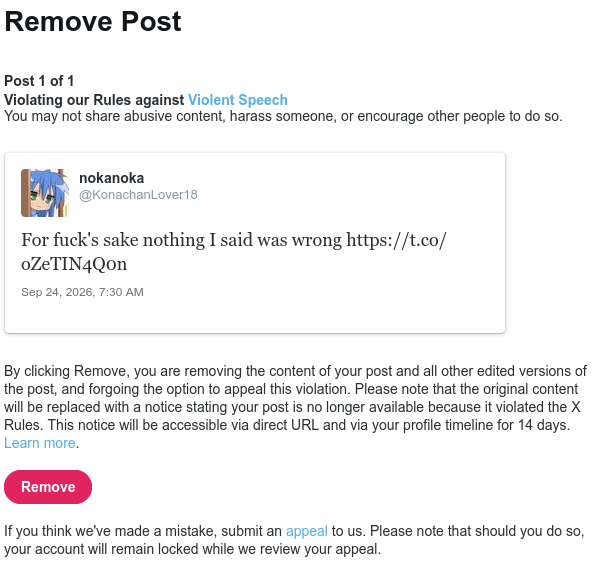 KonachanLover's tweet photo. @Ramensama926914 @KonachanLover18 This aged well now I'm locked for 12 hours over nothing https://t.co/lMeJk9MVuz