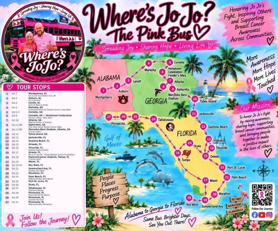 PinkBusTour's tweet photo. The #PinkBusTour 2026 starts in a few days. Here’s our latest updated schedule for October. 

Special thanks for @RickKarle &amp; so many others for the ongoing support. 
@wsfa12news 
@BiscuitBaseball 
@AmericanCancer 

#BreastCancer #Alabama #Florida #Georgia #BreastCancerAwareness https://t.co/41pZ6SiG2a