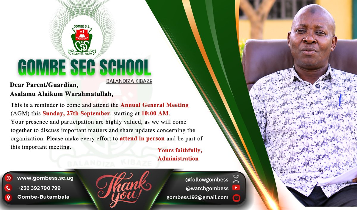 followgombess's tweet photo. ๐ข Dear Parent/Guardian,
Join us for the Gombe S.S. Annual General Meeting (AGM) this Sunday, 27th September at 10:00 AM.
Your presence and participation matter. We look forward to seeing you there!
#GombeSS #AGM2026 https://t.co/ifcbu47jNK