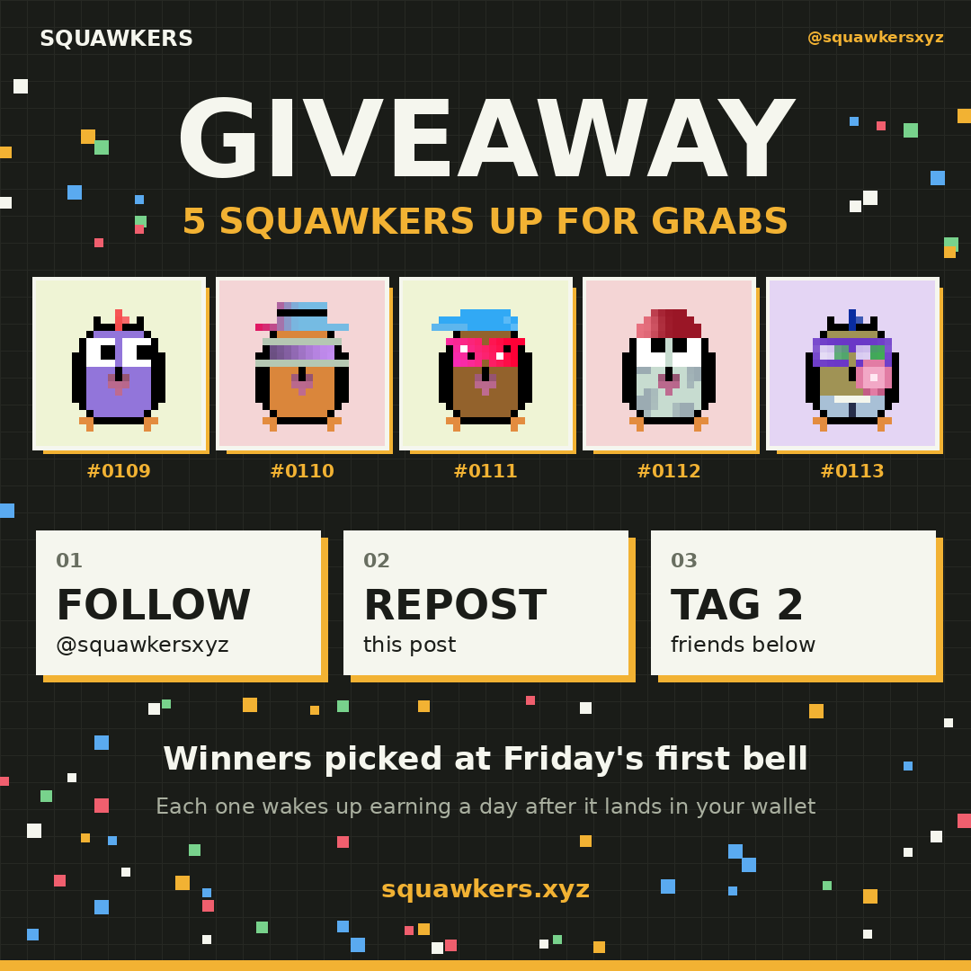 squawkersxyz's tweet photo. Good morning, ROBINHOOD. TIME for a SQUAWKERS GIVEAWAY! 💰

We're giving away 5 Squawkers from the team's stash.

To enter:
1️⃣ Follow @squawkersxyz
2️⃣ Repost this
3️⃣ Tag 2 friends below

Winners picked at Friday's first bell, the same moment the first royalties buy real stock for every holder.

Each bird starts earning a day after it lands in your wallet 🫡

Drop a pic of your Squawker in the comments with your entry if you're already a holder!

Check out your birds: https://t.co/XpSHGrAbTl
Watch the bell: https://t.co/nfEZKSKHZL

LFG