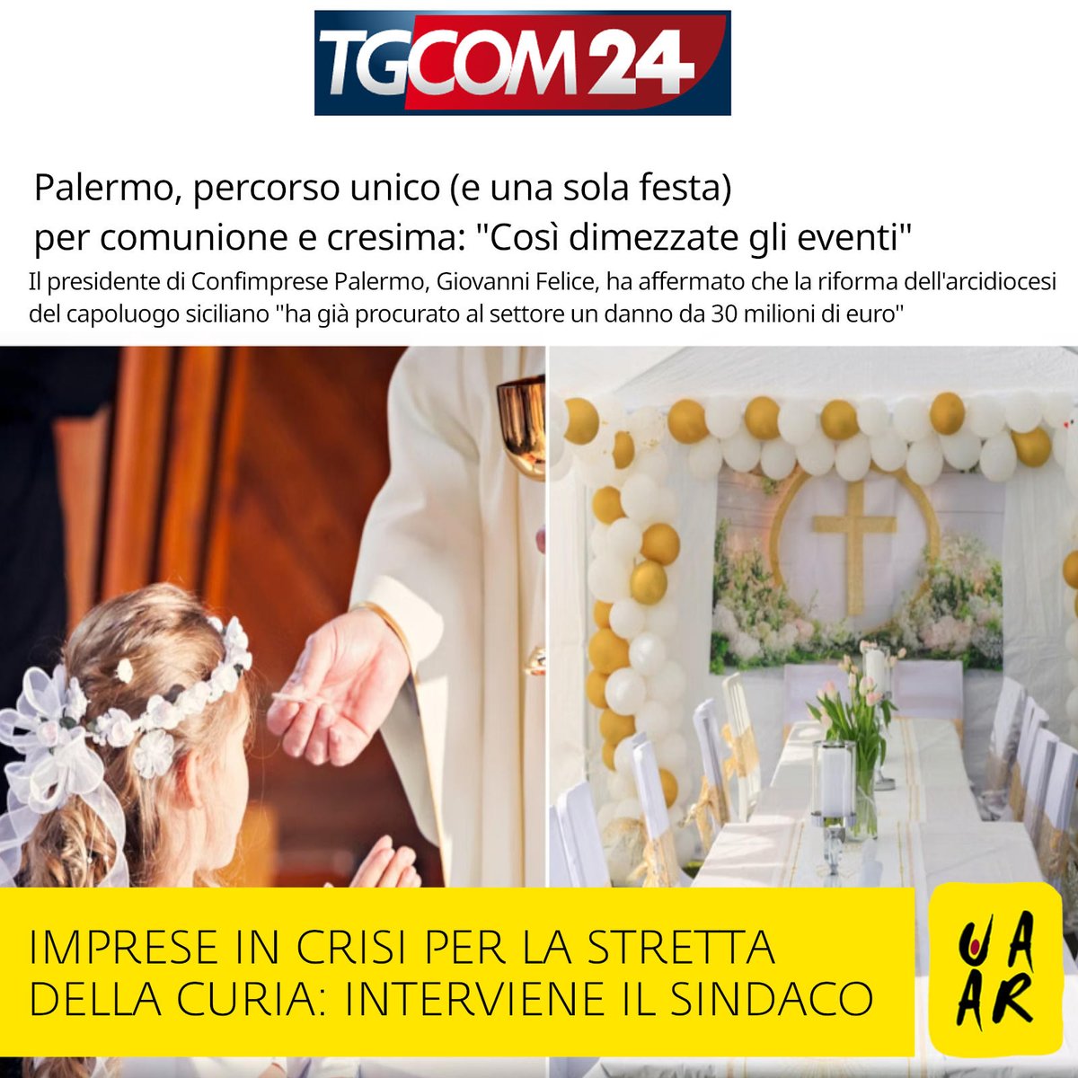 UAAR_it's tweet photo. #Palermo, le nuove regole dell'arcidiocesi che unificano comunioni e cresime mettono in crisi il settore che guadagna con le doppie feste. Le imprese lamentano perdite per 30 milioni di euro: si appellano al sindaco, che scrive alla #curia per mediare. 👇
https://t.co/ZLtQjhn36c https://t.co/B9ymiqoKrI
