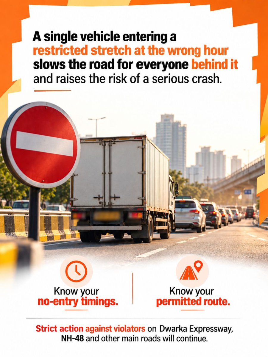 TrafficGGM's tweet photo. Fixed hours. Fixed routes. That is how the city keeps moving.
01–23 Sep 2026: Gurugram Traffic Police checked Dwarka Expressway, NH-48 and other
main roads.
• 3,374 drivers challaned as per rules
• Strict action continues
Helplines: 112 | 1095
#Gurugram #NoEntry #RoadSafety https://t.co/07EzhBqehT