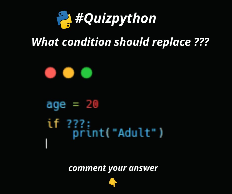 codingpython0's tweet photo. What condition should replace ???
follow us for more python challenges and tips.😆
#python #pythonchallenge https://t.co/5c6lVJpWvB