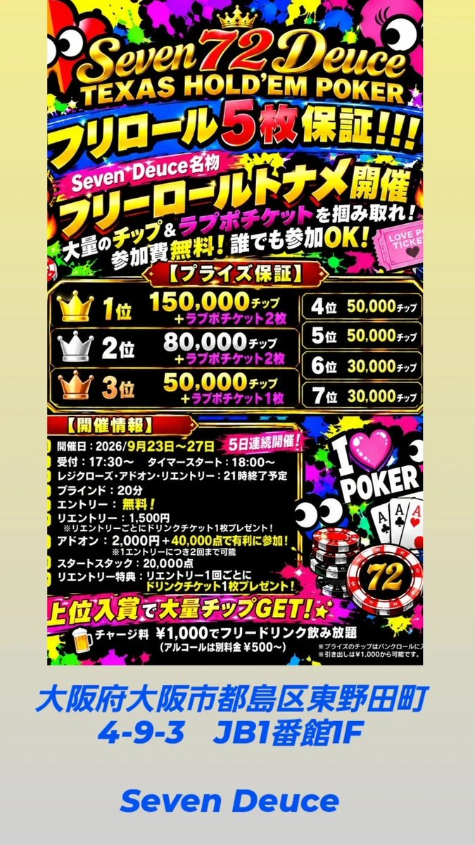 SevenDeuceAAKK's tweet photo. フリロール5枚保証！！！
⚠️⚠️⚠️⚠️⚠️⚠️⚠️⚠️⚠️⚠️⚠️⚠️⚠️
⚠️⚠️リポスト♻️キャンペーン⚠️⚠️
⚠️⚠️⚠️⚠️⚠️⚠️⚠️⚠️⚠️⚠️⚠️⚠️⚠️
😶‍🌫️リポストで初期スタック2倍✨😶‍🌫️

Seven 72 Deuce
TEXAS HOLD’EM POKER
🔥 Seven Deuce名物
フリーロールトナメ開催 🔥
大量のチップ＆ラブポチケットを掴み取れ！
参加費無料！誰でも参加OK！
【プライズ保証】
🥇 1位　150,000チップ
＋ラブポチケット2枚
🥈 2位　80,000チップ
＋ラブポチケット2枚
🥉 3位　50,000チップ
＋ラブポチケット1枚
4位　50,000チッ���
5位　50,000チップ
6位　30,000チップ
7位　30,000チップ

【開催情報】
📅 開催日：2026/9月23日〜27日
　5日連続開催！

👤 受付：17:30〜　タイマースタート：18:00〜
⏰ レジクローズ・アドオン・リエントリー：21時終了予定
🃏 ブラインド：20分
💰 エントリー：無料！
🔄 リエントリー：1,500円
　※リエントリーごとにドリンクチケット1枚プレゼント！
➕ アドオン：2,000円＋40,000点で有利に参加！
　※1エントリーにつき2回まで可能
🪙 スタートスタック：20,000点
🎁 リエントリー特典：リエントリー1回ごとにドリンクチケット1枚プレゼント！
⭐ 上位入賞で大量チップGET！ ⭐
チャージ料 ¥1,000でフリードリンク飲み放題
（アルコールは別料金 ¥500〜）
※プライズのチップはバンクロールに入ります。
※引き出しは¥1,000から可能です。

#���ぶぽ #ポーカーをもっと好きになる
#京橋　#関西 #大阪市
#セブンデュース　#SevenDeuce　#Family　#サテライト　
#トーナメント　#フリーロール　
#大阪　#ポーカー　#東野田　
#初心者講座無料　#新規店　#POKER　#3000円～　
#フリードリンク飲み放題　
#アルコール500円～
#リングゲーム　#アミューズメント