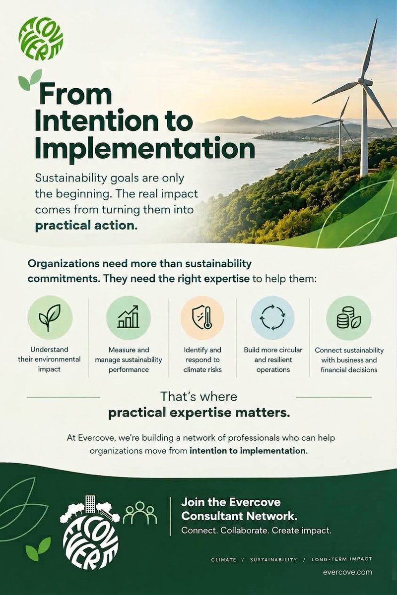 evercove's tweet photo. Sustainability commitments are just the starting point. Moving to real, practical execution takes the right expertise on the ground. We’re building a Consultant Network to make a lasting impact.

Join us ⬇️
https://t.co/t9VH3UfMVt

#Sustainability #ESG #ClimateAction https://t.co/ydunMCvXWq