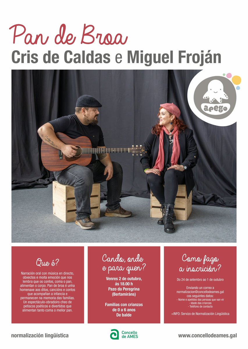concellodeames's tweet photo. Aberto o prazo de inscrición para o espectáculo Pan de Broa de Cris de Caldas e Miguel Froján 🍞🎶
🎟️ O prazo de inscrición está aberto desde hoxe, xoves 24 de setembro, ata o vindeiro día 1 de outubro. Máis ℹ️🔗 https://t.co/4HPxpUlUgc
#Apego #Infancia #Ames #ConcelloDeAmes https://t.co/LRvPDKV2he