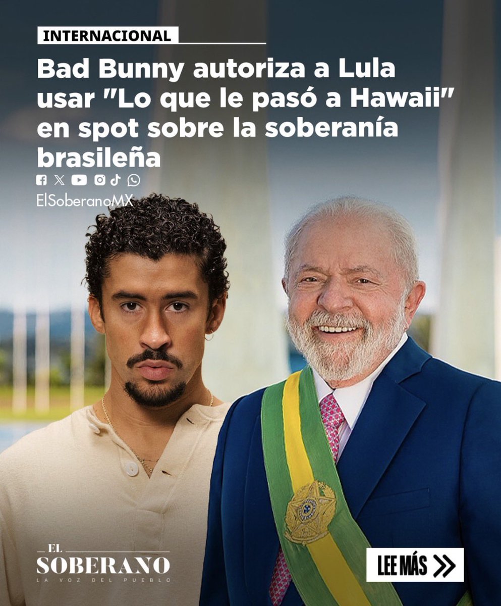 ElNecio_Cuba's tweet photo. 🇧🇷 Bad Bunny autoriza uso de su canción en campaña de Lula para defender la soberanía brasileña frente al intervencionismo de EEUU:

“Quieren quitarme el río 
y también la playa
quieren el barrio mío 
y que tus hijos se vayan” https://t.co/S1P3eX129l