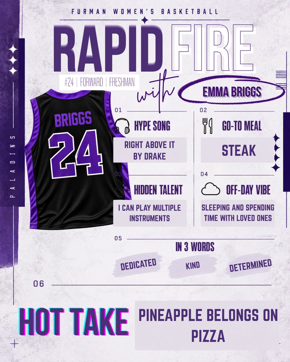 FurmanWBB's tweet photo. Get to know freshman Emma Briggs!!! 💜

#JustUs https://t.co/Z8UTUaDqjC