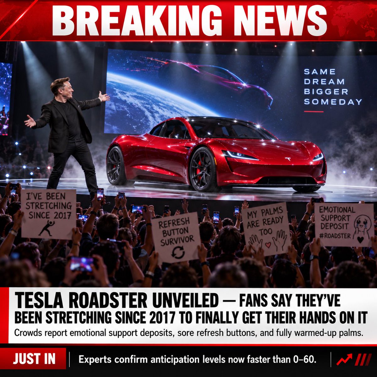 TeslasRoadster's tweet photo. BREAKING: The Tesla Roadster is finally coming. 🚨🏎️

Some of us have been waiting so long our reservation deposits are basically family heirlooms. 😂

@elonmusk, serious question: when it arrives, does it come with the car…or a certificate congratulating us for surviving the wait? 👀

#Tesla #Roadster #TeslaRoadster
