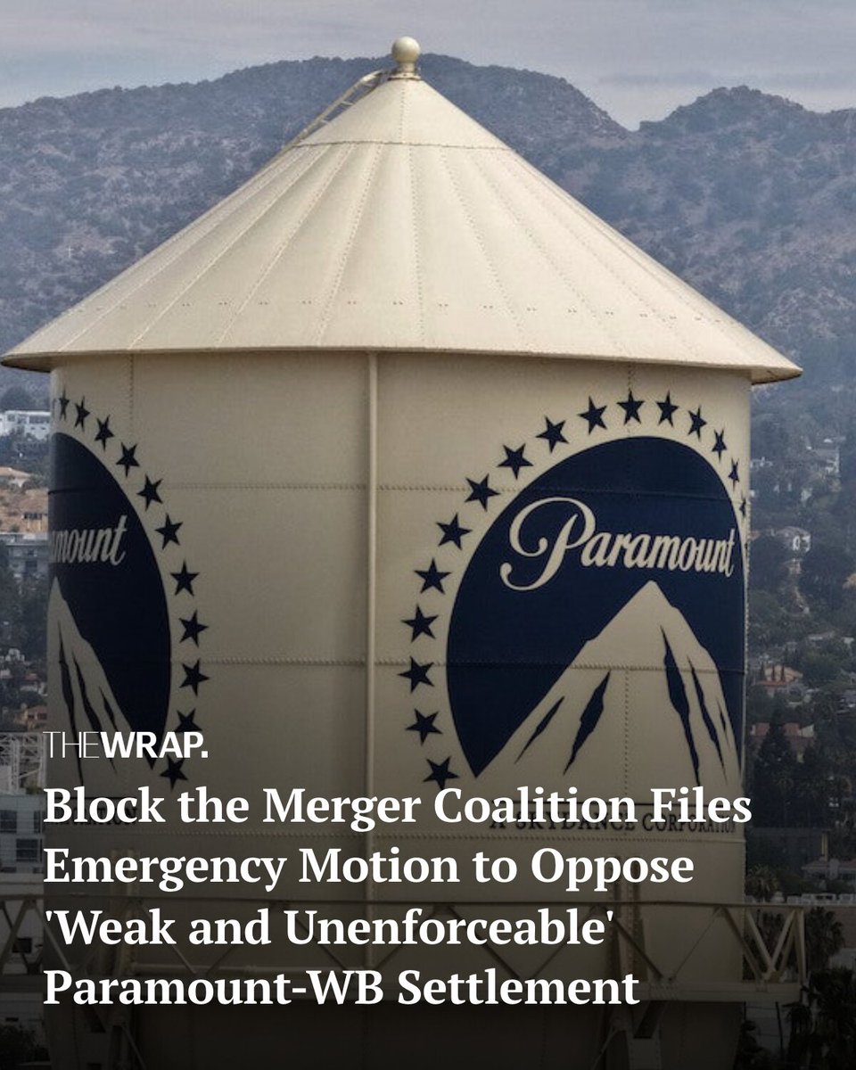 TheWrap's tweet photo. The fight over Paramount’s $110 billion Warner Bros. Discovery merger is moving back to court.
The Block the Merger coalition is asking a federal judge to reject what it calls a “weak and unenforceable” settlement, warning it fails to protect consumers, independent filmmakers, diverse storytelling and press freedom.
Read more: https://t.co/HewYHb2Xby