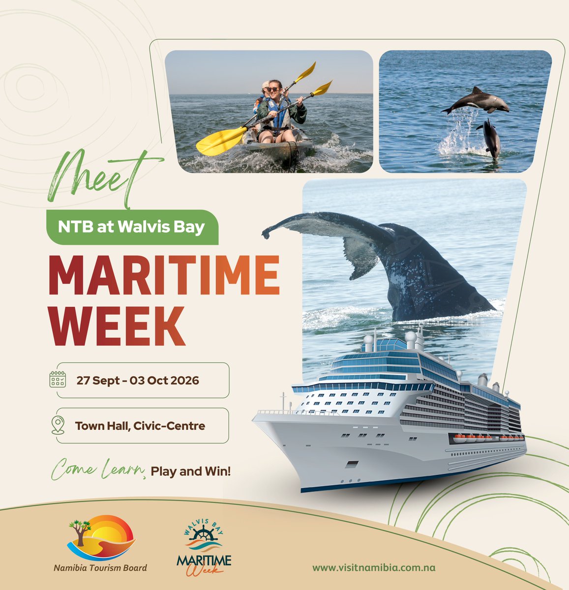 Tourism_Board's tweet photo. Meet Namibia Tourism Board at Maritime Week in Walvis Bay from 27 September to 03 October 2026.
Come learn about everything tourism.
#visitNamibia #sharemyNamibia #thisisNamibia #experienceNamibia #maritimeweek2026 https://t.co/yL2zA3yHGw
