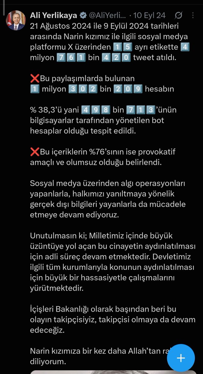zey_2009's tweet photo. Şimdi merak ettiğim bişey var biri aydınlatırsa sevinirim....
Narin davası daha sürerken 
Aylarca gerek X gerekse  tüm yazılı görsel medyada yüzlerce yalan iftira haber yapılıp ( çoğunun gerçeği ıspatlandı) esas dezenformasyon yapıldığında ve bunu dönemin İçişleri bakanı bir tweetinde paylaşmış olmasına rağmen o hesapların hiçbirine erişim engeli getirilmeyip....

Şimdi amaçları sadece masum olduklarına insandıkları Narinin ailesini belge ve delil ışığında savunan ve 8 yaşında canice katledilen bir kız çocuğun hakikatinin ortaya çıkması için mücadele eden ,hepside gönüllü vicdanlı insanlardan oluşan,ismi cismi belli X kullanıcılarının hesaplarına erişim engeli getirmek hangi hukuk devletinde görülmüştür...

Mesela aşağıdaki kaç hesaba araştırma yapıldı????
Bunu devletin bakanı söylüyor biz değil,kanıtlı tespitli!!!

Bu ülkede "birileri"istiyor diyor Adalet dizayn edilmez,edilmemeli!!

#NariniçinAdaletYolu 
#deprem