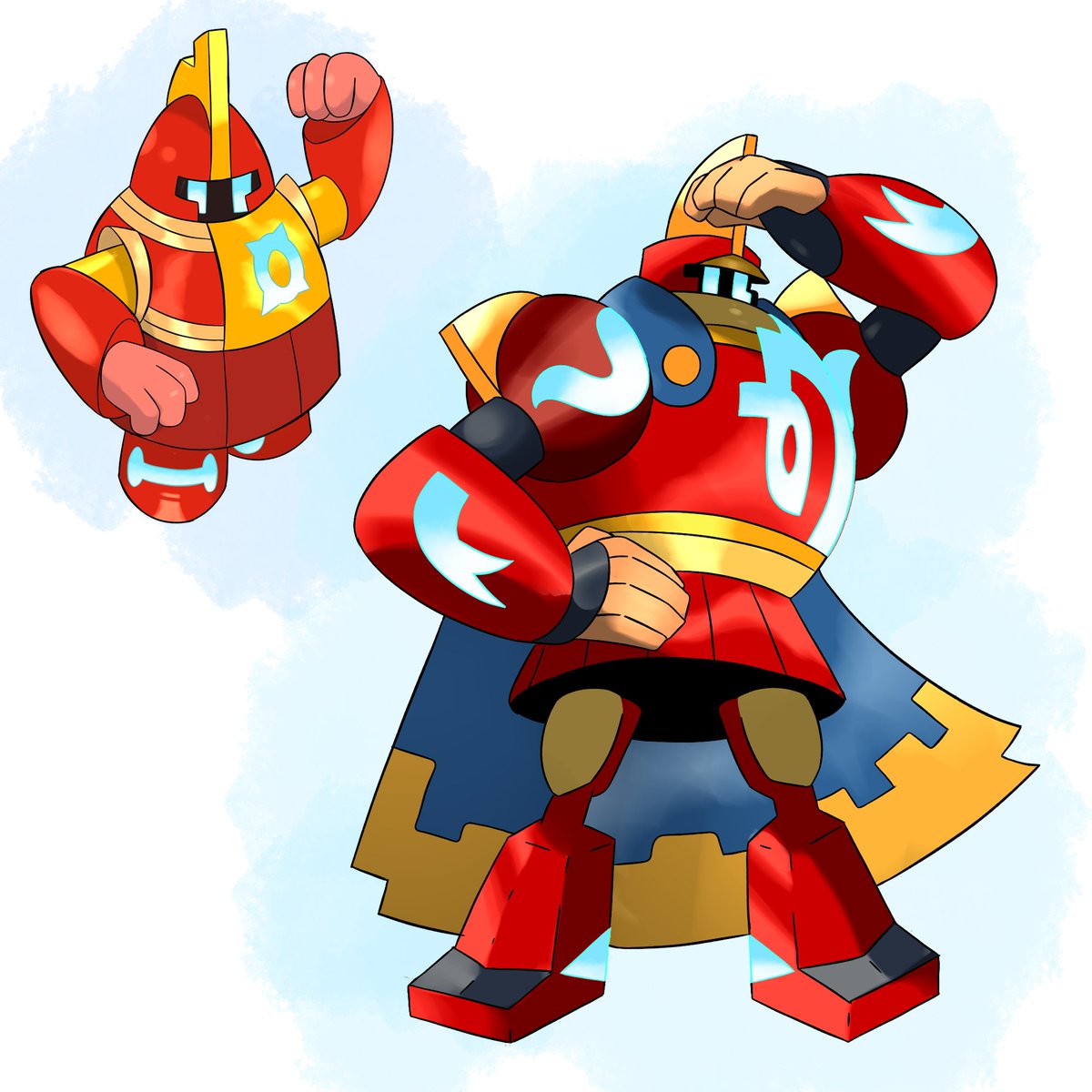 Heinanaing's tweet photo. What if ancient Golett and Golurk looked less worn-down?

Here's my take on the idea: Regional Steel/Ghost type Golett and Golurk!
They're based on Talos - The bronze soldier/automaton made by the Greek God Haphaestus.

#fakemon #Pokemonart #pokemon #mythology #digitalart https://t.co/ke7OuZUaRg