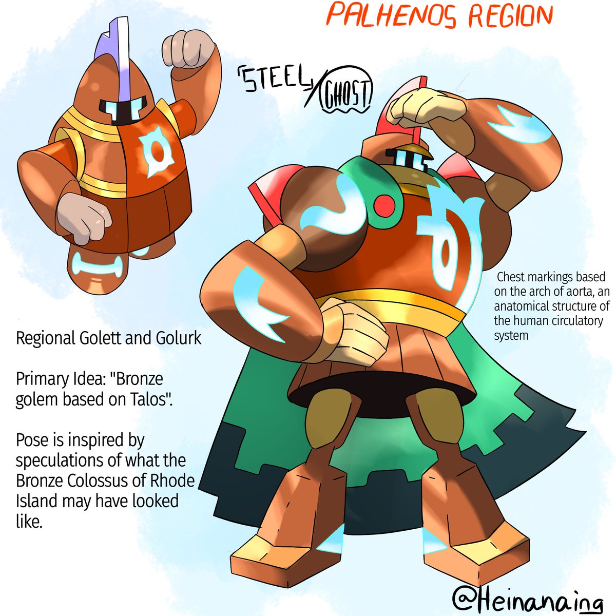 Heinanaing's tweet photo. What if ancient Golett and Golurk looked less worn-down?

Here's my take on the idea: Regional Steel/Ghost type Golett and Golurk!
They're based on Talos - The bronze soldier/automaton made by the Greek God Haphaestus.

#fakemon #Pokemonart #pokemon #mythology #digitalart https://t.co/ke7OuZUaRg