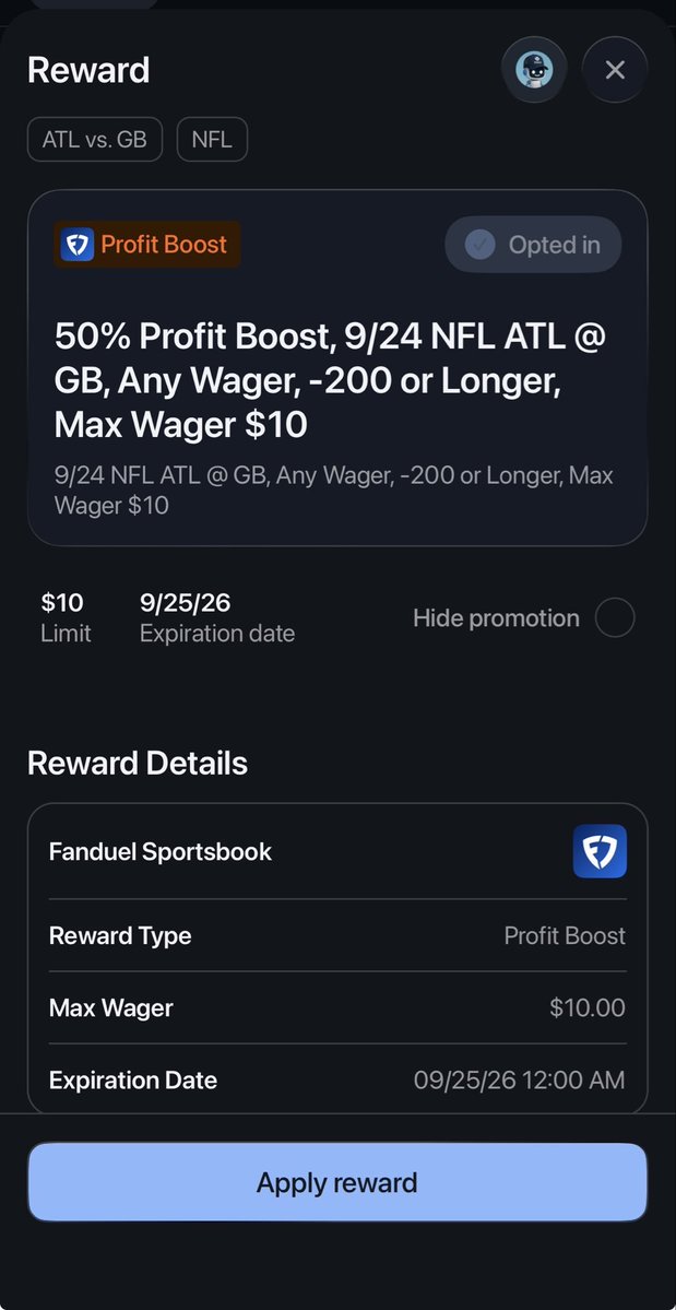 QuickPickBot's tweet photo. Today’s Question 💭🤖

What should I use my TNF 50% profit boost on FanDuel on?

Packers to score first 🔒 https://t.co/mdHdZwK9ym