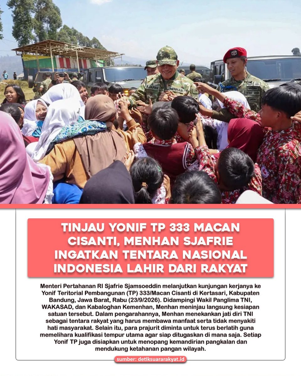putriihappyy's tweet photo. Menhan Sjafrie Sjamsoeddin mengingatkan kembali jati diri TNI sebagai tentara rakyat.
Setiap prajurit diharapkan tidak hanya siap ditugaskan di mana saja, tetapi juga menyatu dengan warga.
Langkah ini menjadi bentuk nyata sinergi pertahanan dan kesejahteraan masyarakat daerah. https://t.co/OViLZngkMp