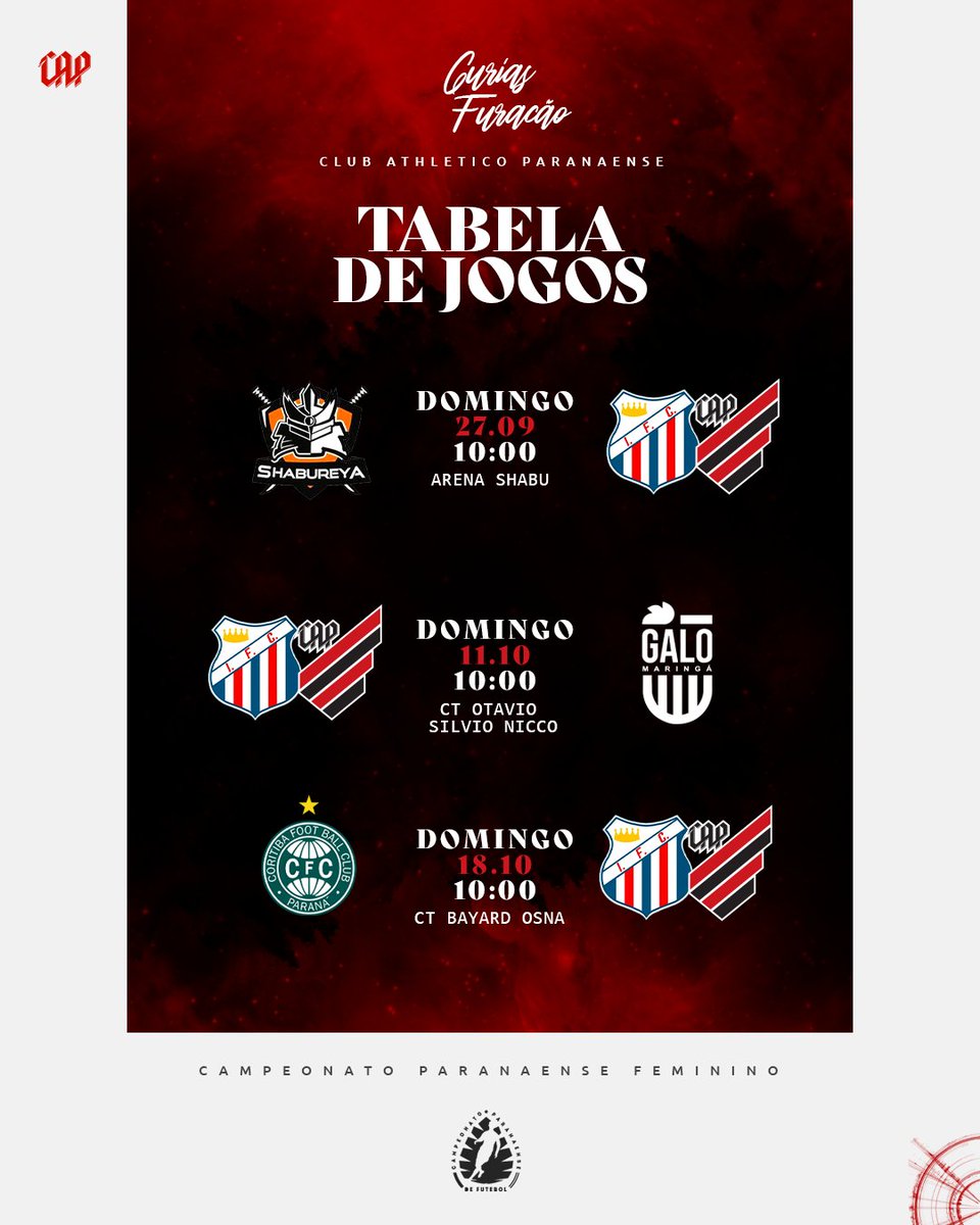 CAPFutFeminino's tweet photo. 🏆⚽️ Vai começar o Paranaense Feminino!

Pentacampeão estadual, o Furacão inicia uma nova caminhada em parceria com o Imperial.

O Imperial/Athletico estreia neste domingo, às 10h, contra o Shabureya.

📋 Vem conferir a tabela! 

Saiba mais: https://t.co/G7Q131xT17 https://t.co/biDn4KgGfD