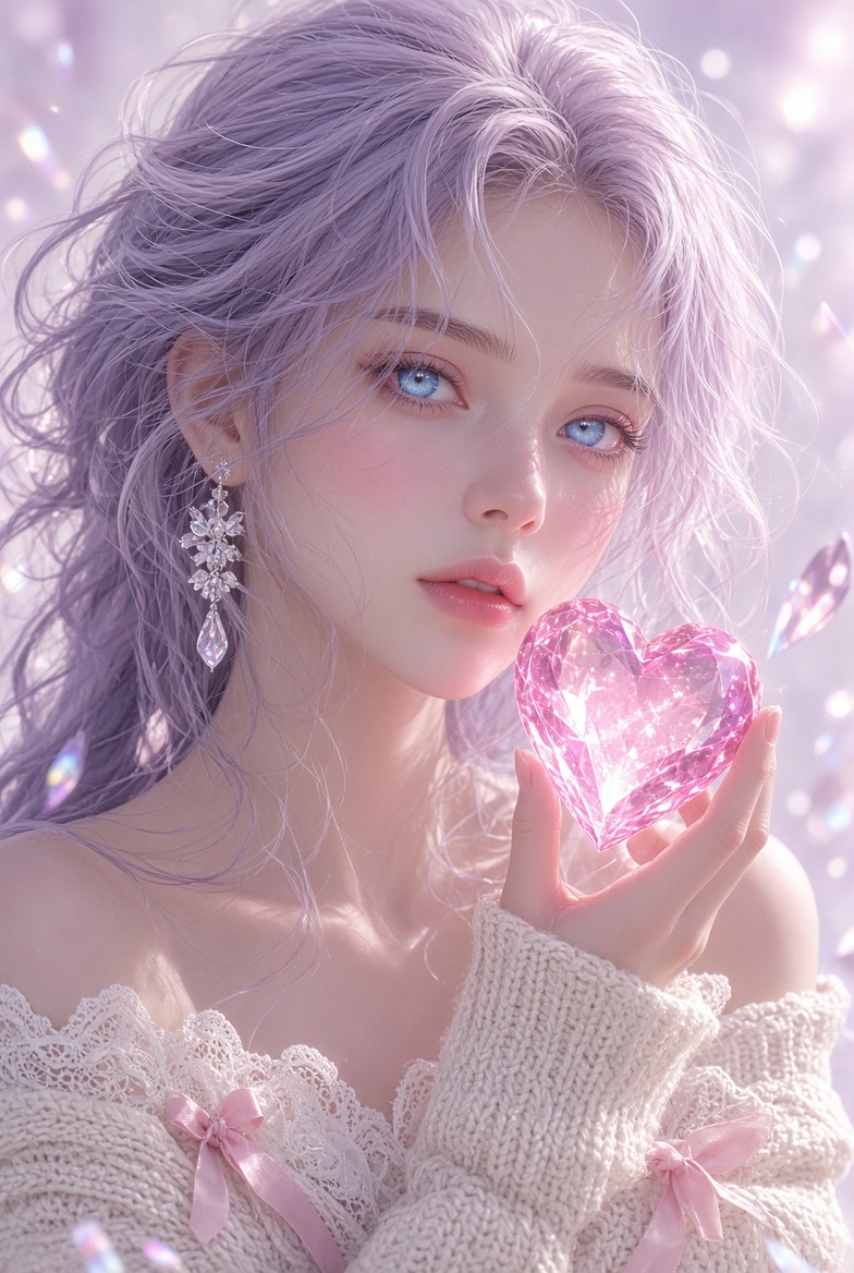 Tanvir48992's tweet photo. ✨ A little magic, a little sparkle, and a whole lot of dreamy beauty. 💗

Prompt 
Create a hyper-realistic, dreamy portrait of a beautiful young adult woman with soft, pale lavender hair. Her hair is naturally messy and full of volume, with loose strands gently moving in the breeze. She has striking bright blue eyes, delicate facial features, porcelain-like skin with realistic texture, and a soft pink blush on her cheeks.

She holds a glowing, faceted pink crystal shaped like a heart close to her face. The crystal gives off a magical pink light that softly illuminates her skin and eyes.

She is wearing an off-the-shoulder chunky cream-colored knit sweater, layered with delicate white lace and decorated with small soft-pink satin ribbon bows. Add elegant dangling crystal flower earrings that catch the surrounding light.

The background feels like a luminous dreamscape, almost completely washed in soft light, with floating crystal shards, subtle sparkling bokeh, and beautiful iridescent lens flares surrounding her. Use a gentle pastel palette of lavender, cream, white, and soft pink.

Make the image feel like a high-end fantasy fashion photograph with realistic skin, individual hair strands, natural facial details, realistic fabric texture, soft depth of field, cinematic lighting, and a subtle magical atmosphere. Anime-inspired fantasy realism, but keep the woman convincingly photorealistic. No text, no watermark, no logo, no extra fingers or limbs.