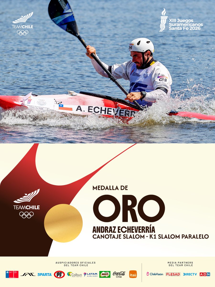 TeamChile_COCH's tweet photo. ¡ANDRAZ SE LLEVA EL ORO! 😍🥇🛶

El kayakista Andraz Echeverría ganó el oro Nº 36 🥇 para el Team Chile 🇨🇱 en los Juegos Suramericanos de Santa Fe 🇦🇷.

Andraz se adjudicó la categoría de kayak slalom paralelo, luego de superar al brasileño Murillo Sorgetz 🇧🇷 tras dos mangas.

Ayer fue el mejor en la clasificatoria y hoy confirmó su gran nivel 📈.

¡NOTABLE! 🫶🏻🫶🏻

#VamosTeamChile 🇨🇱