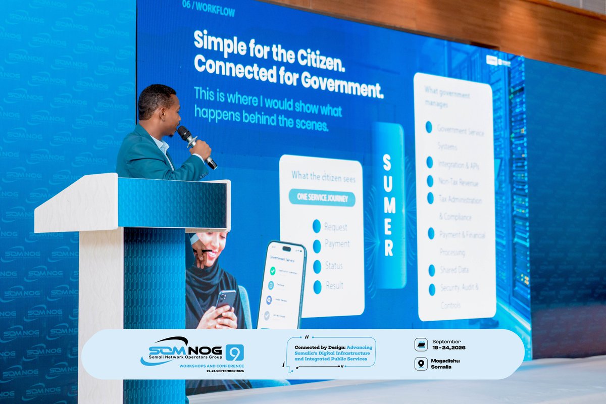 TabaarakICT's tweet photo. Tabaarak ICT’s Marketing Manager, Mr. Khadar Mohamed, delivered a presentation at SOMNOG9, under the theme “Connected by Design: Advancing Somalia’s Digital Infrastructure and Integrated Public Services.”

He presented on “𝐁𝐮𝐢𝐥𝐝𝐢𝐧𝐠 𝐂𝐨𝐧𝐧𝐞𝐜𝐭𝐞𝐝 𝐒𝐲𝐬𝐭𝐞𝐦𝐬 𝐟𝐨𝐫 𝐒𝐢𝐦𝐩𝐥𝐞𝐫 𝐆𝐨𝐯𝐞𝐫𝐧𝐦𝐞𝐧𝐭,”focusing on how interconnected systems can simplify and improve government services.

His presentation highlighted how connected systems can strengthen collaboration among government institutions while enabling simpler, more efficient, and reliable digital public services.

#TabaarakICT #SomNOG9 #SomNOG #DigitalSomalia