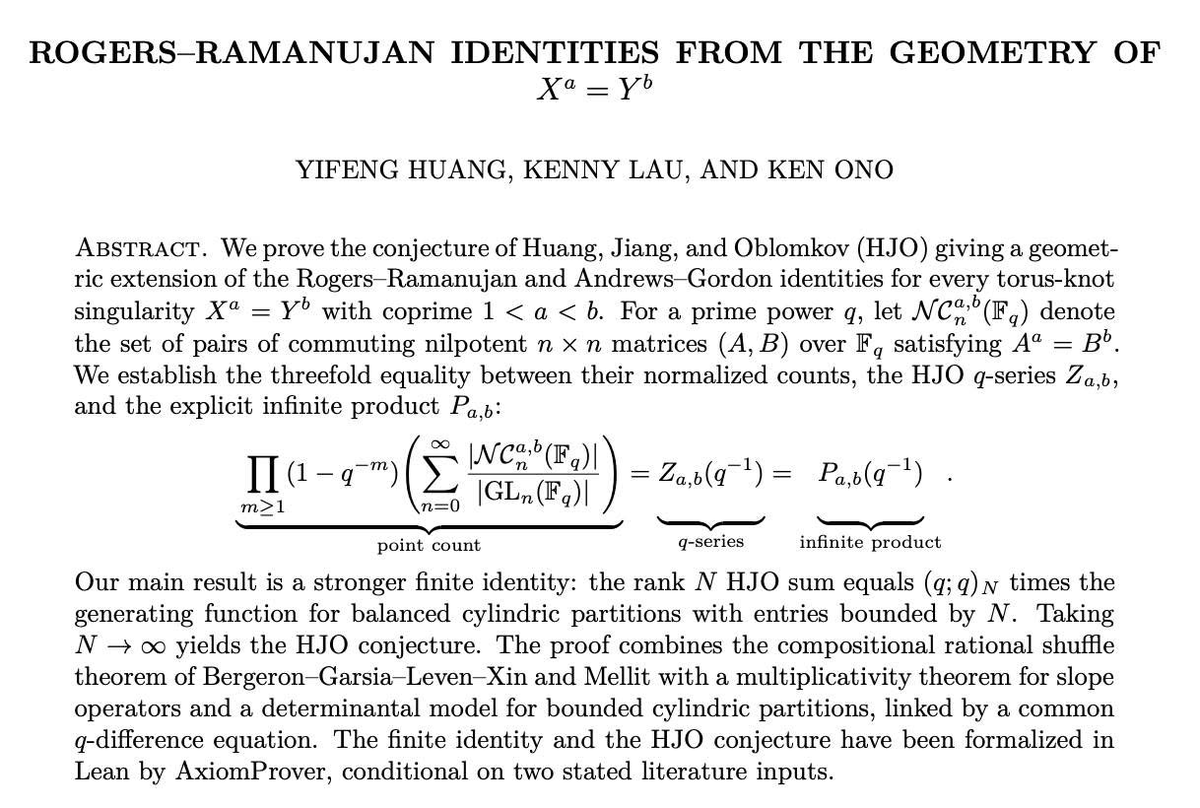 Y_F_Huang's tweet photo. I am thrilled to share my recent preprint with Kenny Lau and @KenOno691 @axiommathai 
We proved the HJO conjecture, a q-series identity arising from the geometry of singular curves, revealing new connections to cylindric partitions, compositional Dyck paths, and shuffle theorem. https://t.co/UCsKZgnvT4