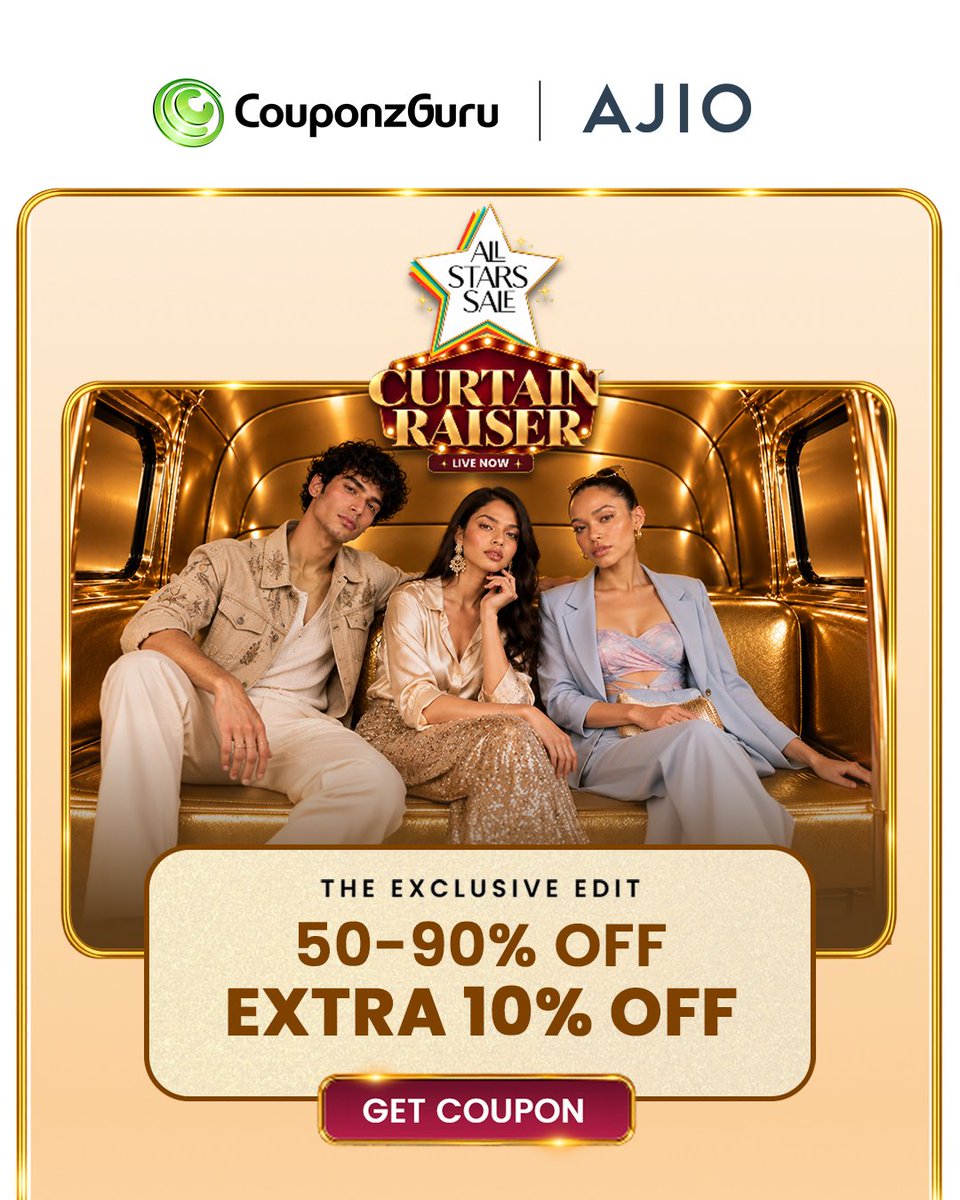 couponzguru's tweet photo. Ajio All Stars Sale Is Live!!
Get Flat 50% - 90% OFF On Top Brands.
Also, Get Extra 10% OFF Using The Coupon Code.
Checkout CouponzGuru For More Details & Offers.
#fashion #fashionstyle #clothing #SaleAlert #savings #CouponzGuru https://t.co/CzjNn7SAyo