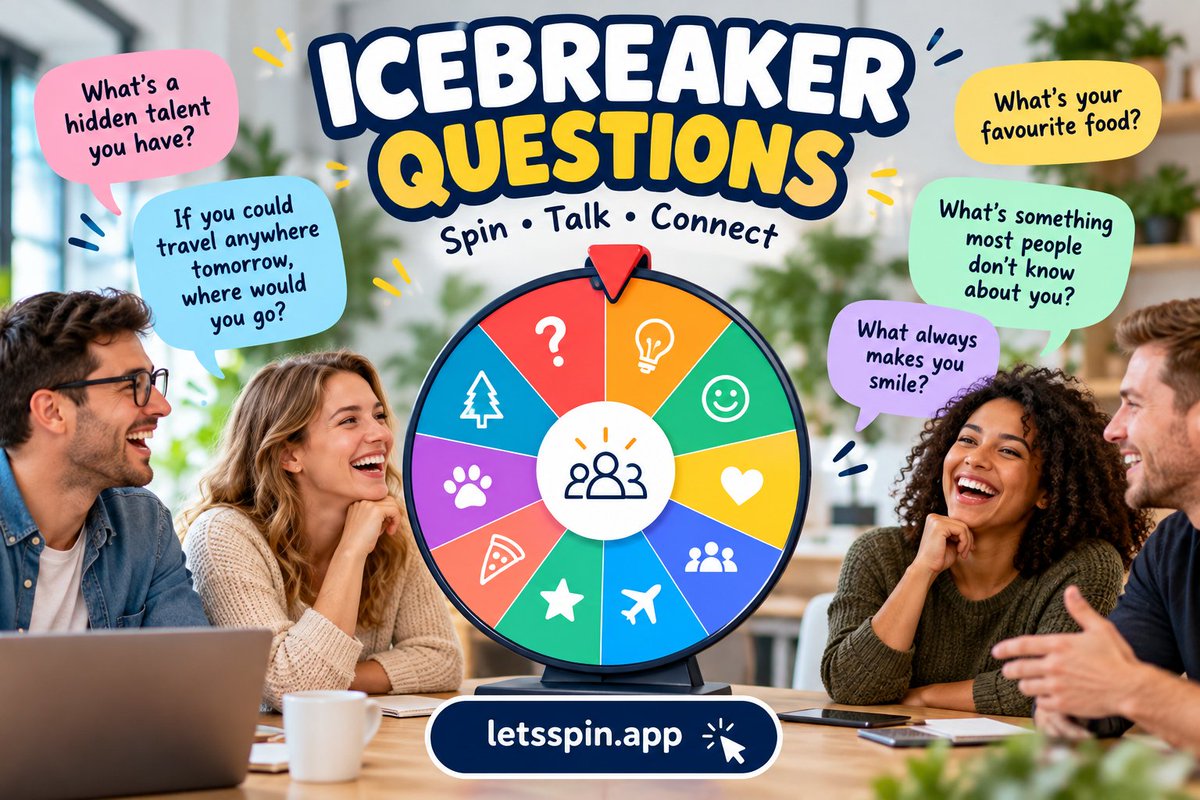 LetsSpinapp's tweet photo. Awkward silence? Let the wheel handle it. 🎡😄

Spin for a random icebreaker question and get the conversation going - perfect for meetings, classrooms, parties, or new groups.

Try it free 👇
https://t.co/fl36kwgb7m

#Icebreaker #TeamBuilding https://t.co/9f4qnVMYNd