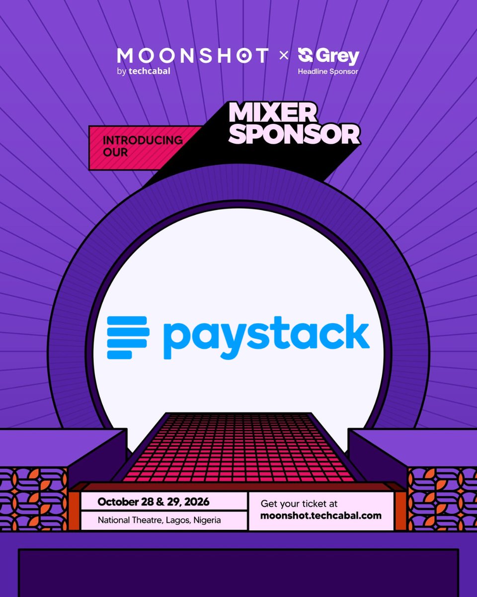 TechCabal's tweet photo. We're thrilled to announce @paystack  as a Moonshot 2026 Mixer Sponsor!

Paystack is a technology company building the tools and financial infrastructure that make commerce simpler and more reliable in Africa and beyond. More than 400,000 businesses rely on Paystack, including local businesses growing in their home markets, African companies expanding globally, and global companies growing across the continent. Paystack helps businesses get paid, manage their money, and create better experiences for their customers, so they can focus on growing

Join the businesses, financial institutions, builders, operators, and investors shaping Africa's future at Moonshot. 

Visit https://t.co/XAoAlrRUwx to secure yours 

#Moonshot2026 #MoonshotByTechCabal #CourageAndConviction