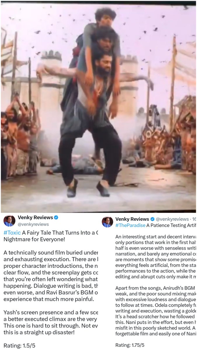alpasankhyata's tweet photo. The Christopher Nolan of Telugu cinema gave 1.5 ⭐ to Toxic (which he clearly didn’t understand)

And 1.75 ⭐ to the cringe fest #TheParadise

I pity those who think he’s a genuine reviewer and some sort of Review God 😂
#TheParadise https://t.co/fNvw0WtSgQ