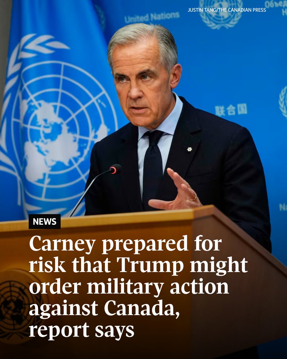 globeandmail's tweet photo. Prime Minister Mark Carney over the past year has prepared for the unlikely risk that President Donald Trump might order military action against Canada, a news report says.

The New York Times, citing an interview with Mr. Carney, said he had described the probability of such action as “extreme tail risk.” It’s a term used in finance and risk management, and refers to a very rare event that would cause enormous damage but is so unlikely that people tend to ignore or underestimate it.

The Globe reported in January that the Canadian Armed Forces have modelled a hypothetical U.S. military invasion of Canada and the country’s potential response, which includes tactics similar to those employed against Russia and later U.S.-led forces in Afghanistan. It attributed this to senior government sources.

This is believed to be the first time in a century that the Forces had created a model of an American assault on this country, a founding member of the North Atlantic Treaty Organization and a partner with the U.S. in continental air defence.

https://t.co/rraDc8Vc5l
