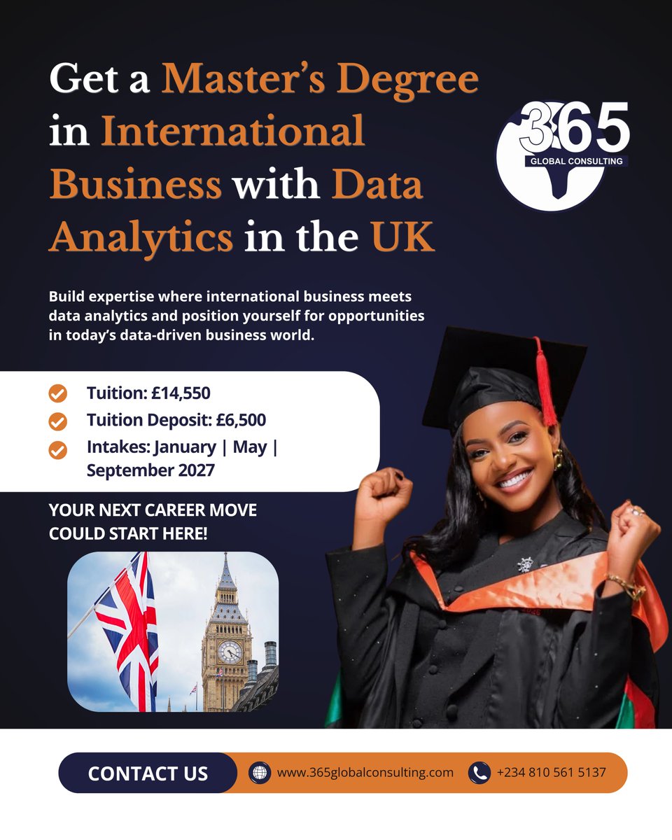 365Global_Edu's tweet photo. Explore an MSc in International Business with Data Analytics, combining business knowledge with analytical skills for today’s data-driven world.

DM 365 Global Consulting to learn more.

#StudyInTheUK #UKMasters #StudyAbroad https://t.co/xupeKyXzH7