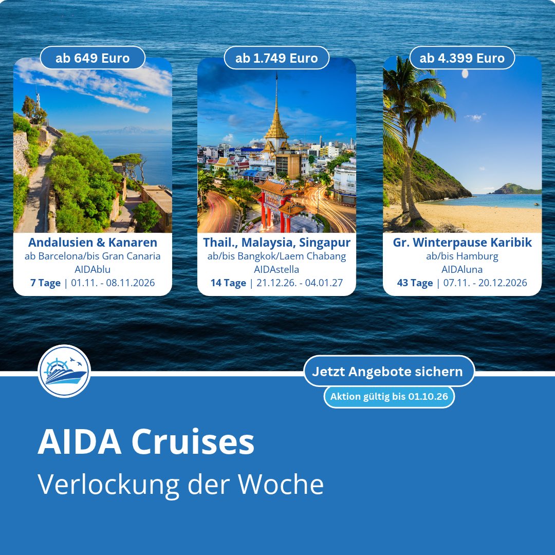 CruisifyDE's tweet photo. 💙❤️💛💚 AIDA - Verlockung der Woche: Profitiere von sehr günstigen Preisen - nur für kurze Zeit.
 Hier ein paar Angebote - Jetzt alle Preise und Infos ansehen: https://t.co/mpIGY4NEFL

#aidacruises #kreuzfahrt https://t.co/bXuvirwUBB