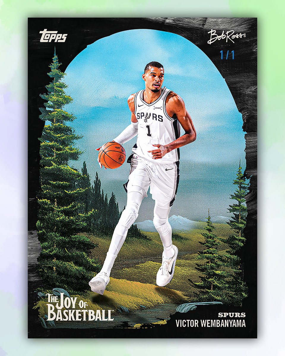 Topps's tweet photo. Happy Little Trees! We’re honored to partner with the estate of Bob Ross to create a set of incredibly special NBA trading cards.

Topps x Bob Ross: The Joy of Basketball is coming soon! https://t.co/dyLnPgnBB3