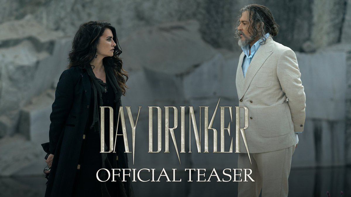 A promotional still for the 'Day Drinker Official Teaser' showing a woman in a black coat and a man in a beige suit facing each other near a quarry.