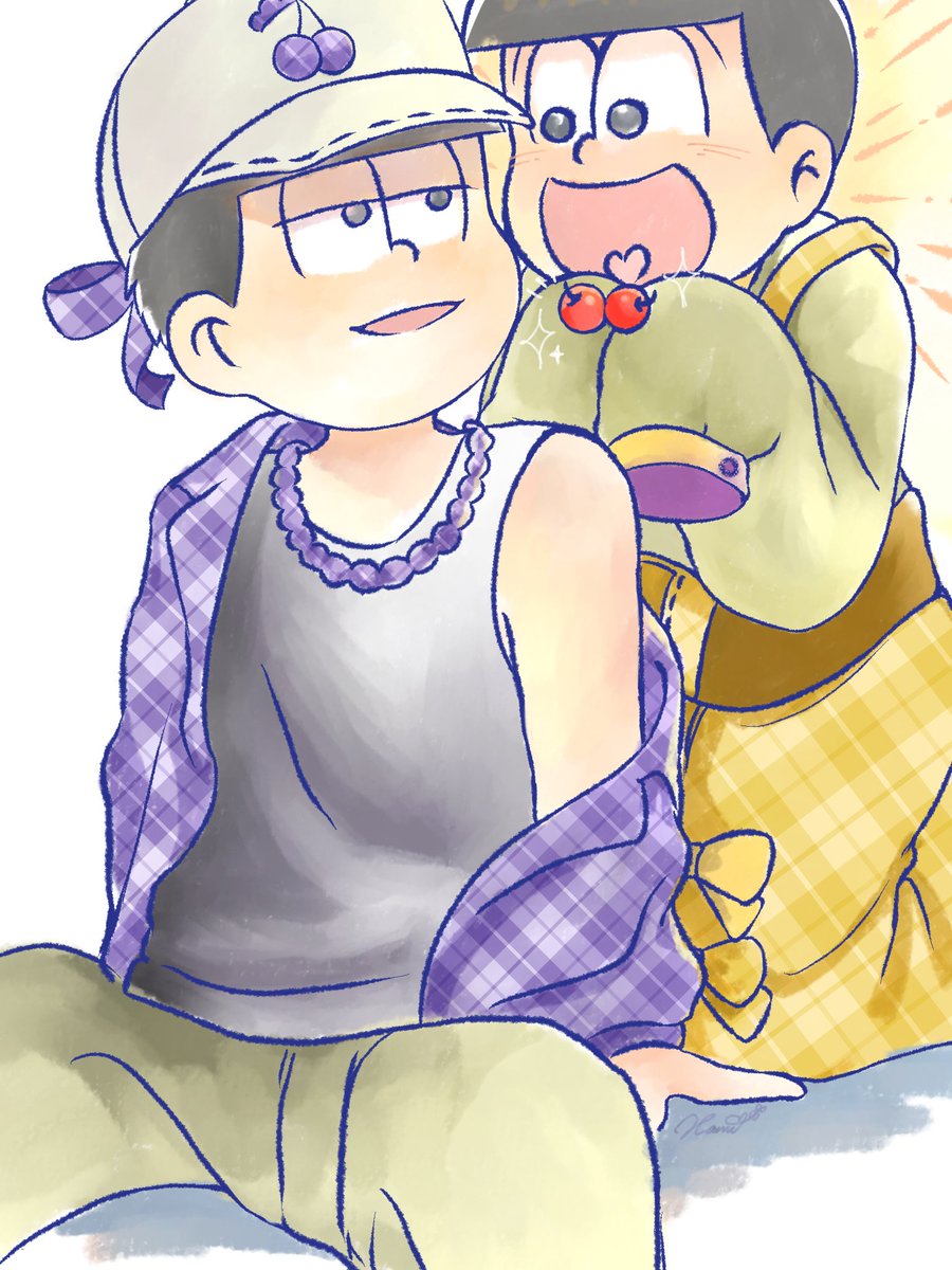 KyoiHami's tweet photo. 一松兄さん！見て見て！！🍒🍒
#おそ松さん #一松 #十四松 https://t.co/njBMvryvfl