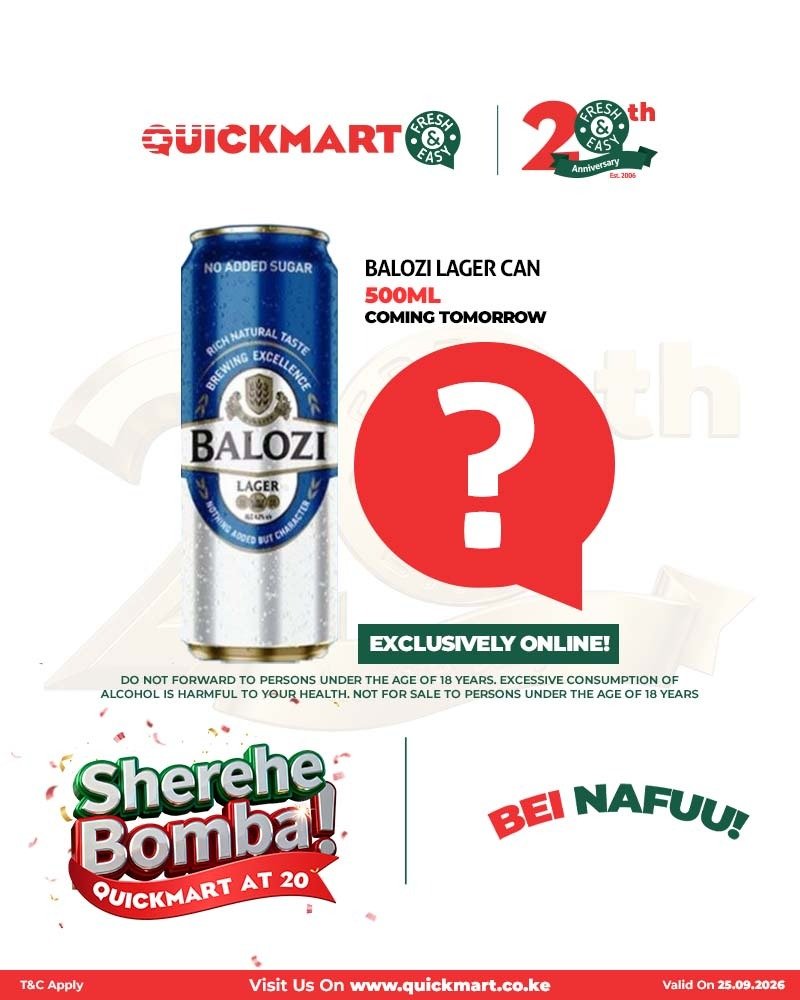 yhomelinus's tweet photo. Balozi fans, get ready! 🍺 Tomorrow, your favourite 6-pack comes with an EXCLUSIVE ONLINE DEAL that might just make you smile. But first… HOW LOW DO YOU THINK IT’LL GO?
Guess the price in the comments! 👇
#ShereheBomba
#20YearsTogether
#BeiNafuu
#FreshAndEasy https://t.co/u6arXB59tZ