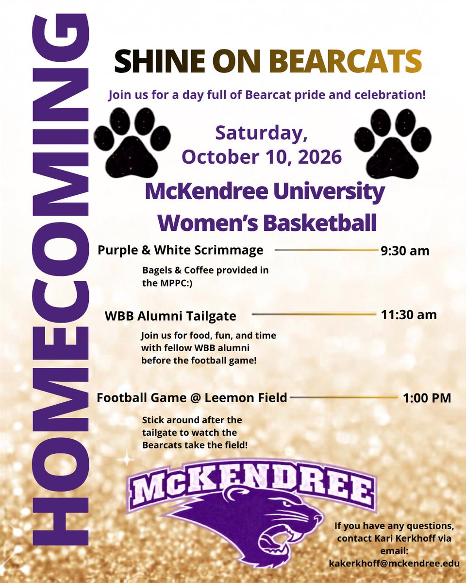 McKendreeWBB's tweet photo. Come join us October 10th for Homecoming activities!!💜💛🐾 https://t.co/xqWqse1ptR