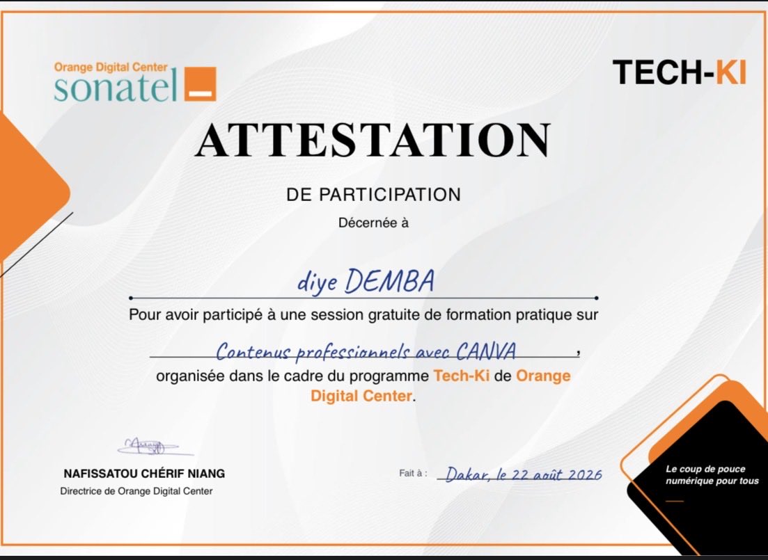 DiyeD29078's tweet photo. 🎓 Je ne collectionne pas les attestations, je construis des compétences. Une nouvelle expérience enrichissante avec Orange Digital Center. 💻✨
@ODCSenegal 

#OrangeDigitalCenter #TechKi #Canva https://t.co/U6dJNFI1zM