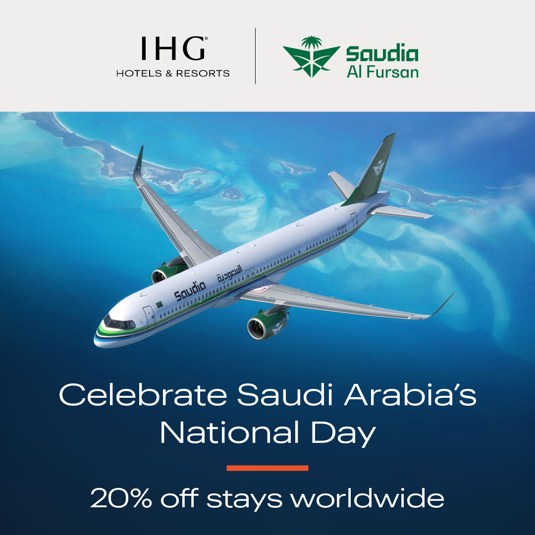 InterJed's tweet photo. احتفل باليوم الوطني الـ 96 للمملكة العربية السعودية مع هذا العرض الحصري. يستمتع أعضاء برنامج الفرسان من الخطوط السعودية بخصم 20% على الإقامة في أكثر من 7,000 خيار لدى فنادق ومنتجعات IHG حول العالم. احجز وأقم بحلول 30 نوفمبر 2026.
تفضل بزيارة https://t.co/nnG5MIXgoe لمعرفة المزيد.

Celebrate Saudi Arabia's 96th National Day with this exclusive offer. If you're a Saudia AlFursan member, enjoy 20% off on stays at 7,000+ IHG Hotels & Resorts worldwide. Book and stay by 30 November 2026. 
Visit https://t.co/ETYY96wCAR to know more.

#IHGSaudia #ExperienceIHG #TrueHospitality