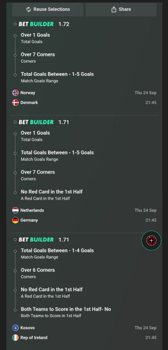 EliteProTips's tweet photo. 🚨🔥 TONIGHT’S BET BUILDER ACCA! ⚽️

🇳🇴 Norway 🆚 Denmark
✅ Over 1 Goal
✅ Over 7 Corners
✅ 1–5 Total Goals

🇳🇱 Netherlands 🆚 Germany
✅ Over 1 Goal
✅ Over 7 Corners
✅ 1–5 Total Goals
✅ No Red Card 1H

🇽🇰 Kosovo 🆚 Republic of Ireland
✅ 1–4 Total Goals
✅ Over 6 Corners https://t.co/DrvCVDONkW