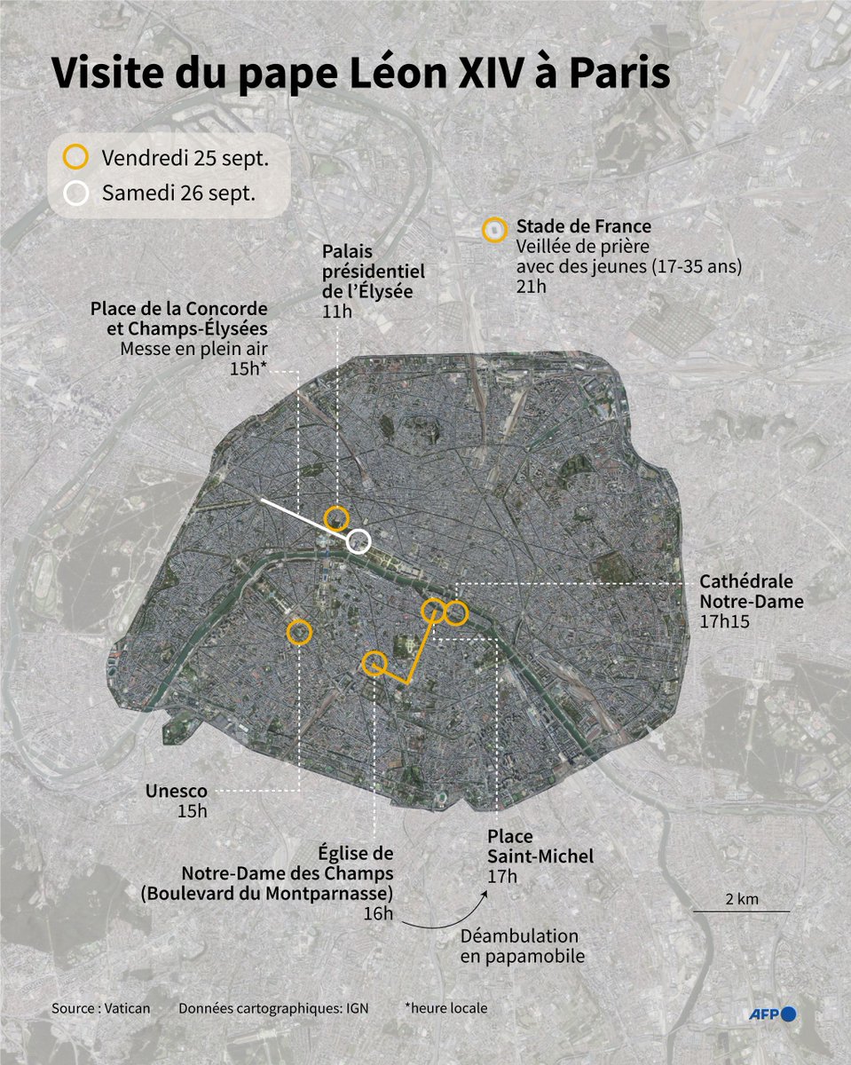 afpfr's tweet photo. 🕊️ À la veille de l'arrivée du pape Léon XIV à Paris, voici le parcours du souverain pontife dans la capitale française les 25 et 26 septembre ⤵️ https://t.co/aA5buujlV5