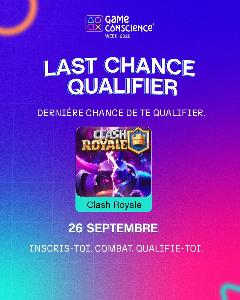 gcweekOff's tweet photo. Le dernier qualifié pour le tournoi de Clash Royal?
Rdv le samedi 26 septembre pour le découvrir.
🕒 09H00
📍EPITECH
Are you ready 🔥?
#GCW2026 #GameConscienceWeek #eSportBénin #GamingBénin https://t.co/X5ll8Ux6vH