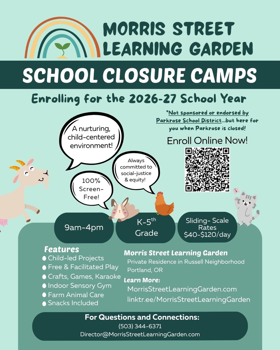 parkrose's tweet photo. Morris Street Learning Garden School Closure Camps - 2026-27 School Year https://t.co/cS8OLbxNsf https://t.co/hyywAgR8gI