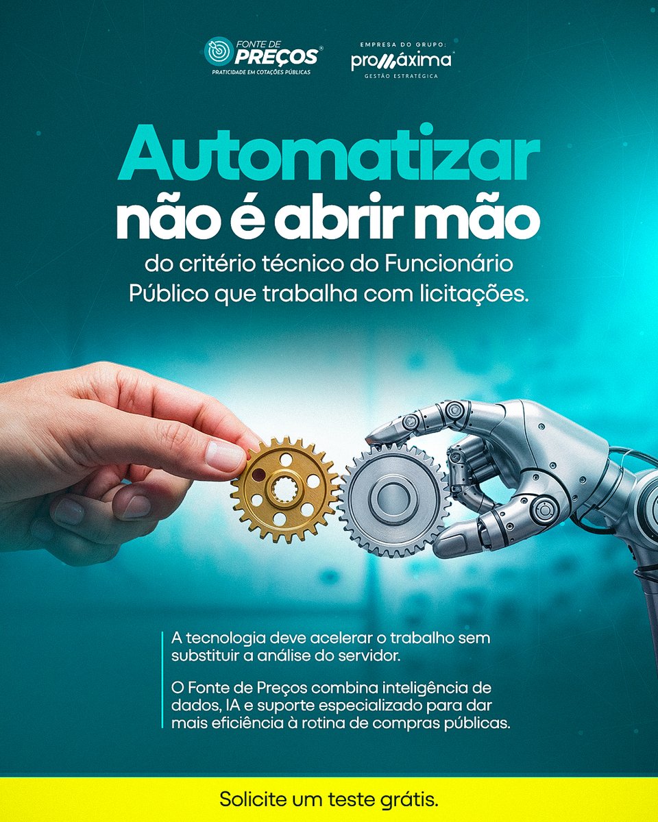 FonteDePrecos's tweet photo. A evolução das compras públicas não está em trocar conhecimento humano por tecnologia, mas em fazer os dois trabalharem juntos. 

Enquanto ferramentas inteligentes agilizam pesquisas, organizam dados e reduzem tarefas operacionais, o servidor concentra sua experiência na https://t.co/JfxVaKc13e