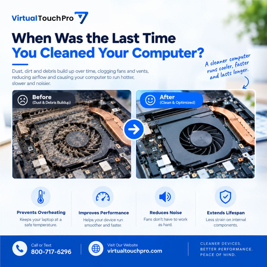 VirtualTouchPro's tweet photo. When Was the Last Time You Cleaned Your Computer? 💻🧹

Dust buildup can restrict airflow, cause overheating, make fans louder, and affect performance.

Regular cleaning helps keep your computer cooler and running smoothly.

Need a professional cleaning?

📞 800-717-6296 https://t.co/DMZg6DbVor
