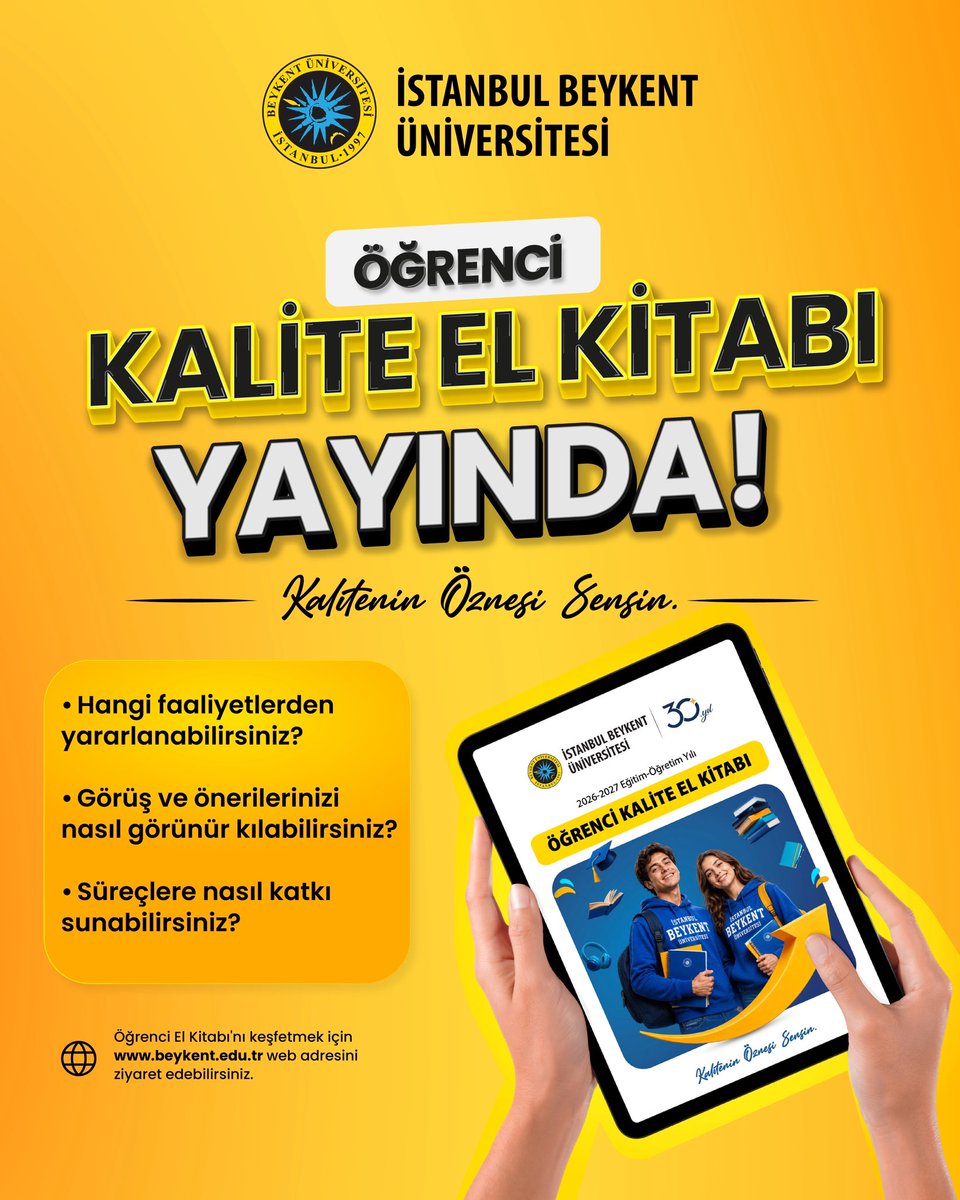 BeykentUnv's tweet photo. ÖĞRENCİ KALİTE EL KİTABI YAYINDA! ✨

Öğrenci Kalite El Kitabı için: https://t.co/cGqnrDDim4 🌐

—

STUDENT QUALITY HANDBOOK NOW AVAILABLE! ✨

Explore the Student Quality Handbook: https://t.co/cGqnrDDim4 🌐 https://t.co/ggle7tvoEO