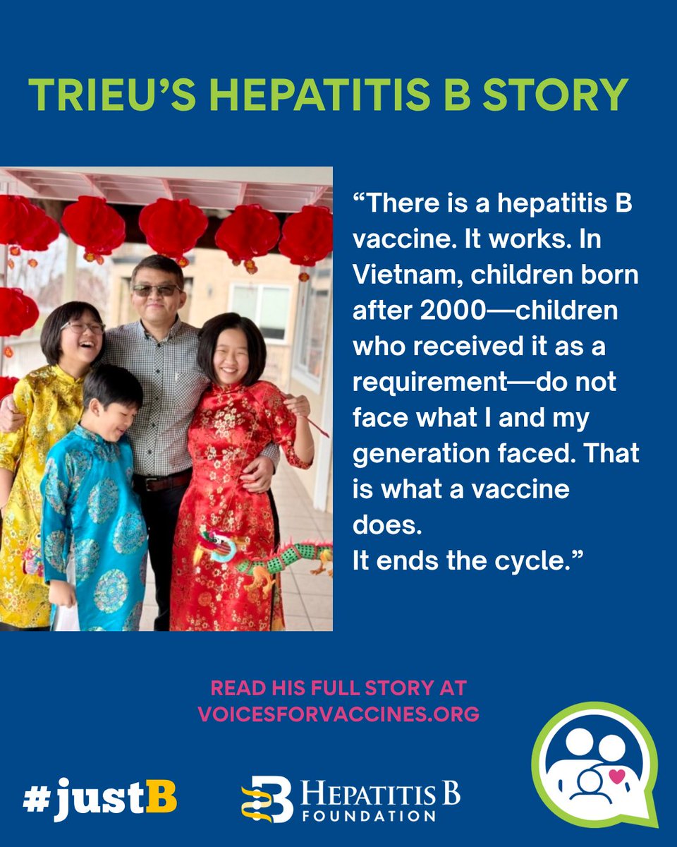 HepBUnited's tweet photo. After Trieu's uncle passed away from #LiverCancer, his entire family was tested for #hepatitisB, and many of them were positive, including Trieu.   

Today, Trieu encourages everyone to vaccinate themselves and their children against hepatitis B. 💙 

#justB #VoicesForVaccines https://t.co/21BiCx47lY