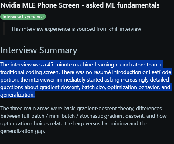 rvivek's tweet photo. NVIDIA now joins the bandwagon of moving away from LeetCode-style interviews.

The entire focus was on 3 key optimization concepts:

- Gradient Descent and Global Optima
- Full-Batch, Mini-Batch, and SGD
- Generalization Gap and Flat Minima

The best teams are looking for engineers with conceptual depth.